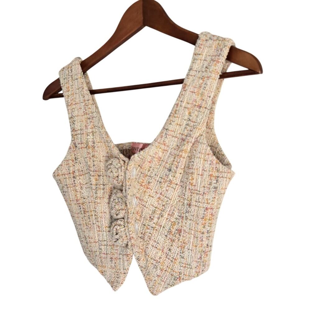 Beige Multicolored Tweed Rosette Detail Tank Vest Coquette Pastel Soft Girl S
